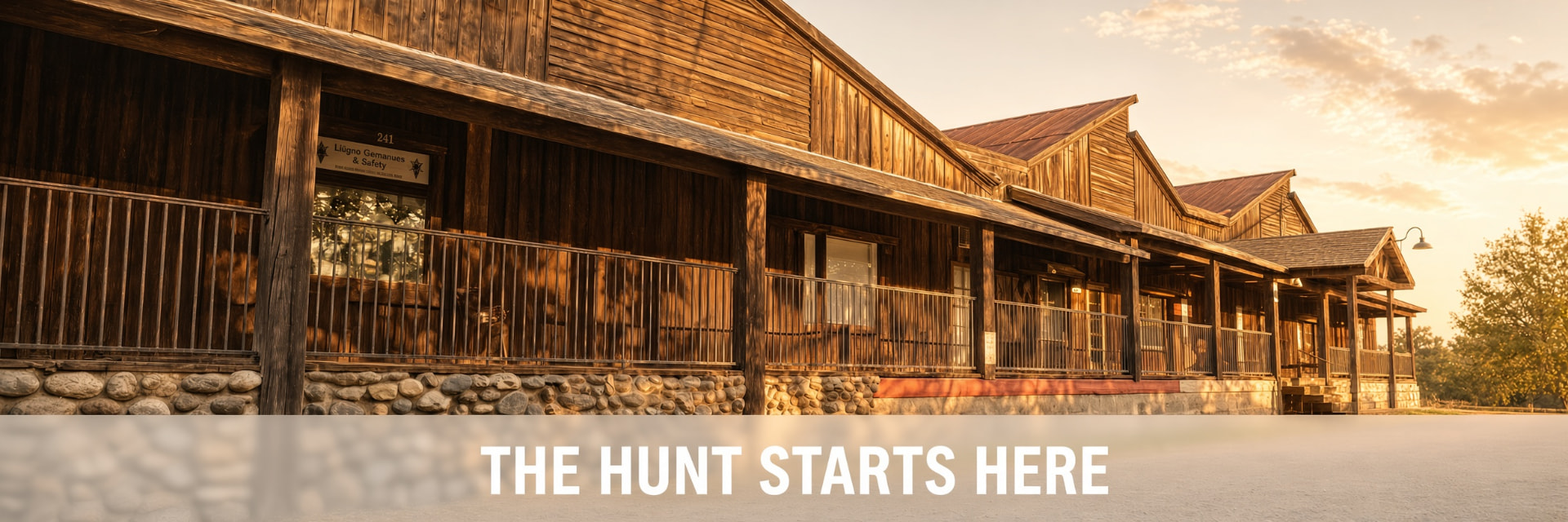The rustic wooden storefronts on Railroad Street in Colfax glowing in golden-hour light, with the words The Hunt Starts Here.