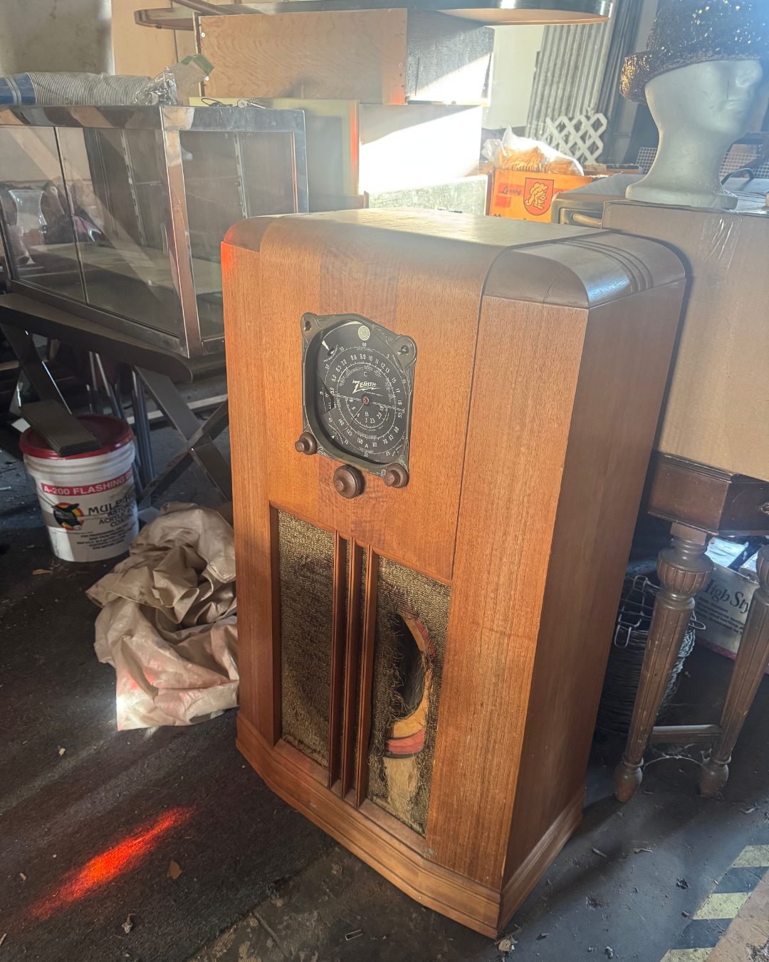 A restored vintage Zenith console radio for sale at The Colfax Bazaar.