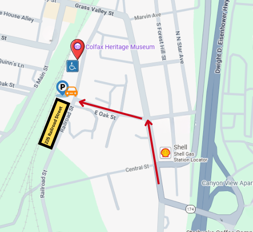 Map of downtown Colfax showing parking near the Colfax Heritage Museum and the bazaar at 225 Railroad Street.