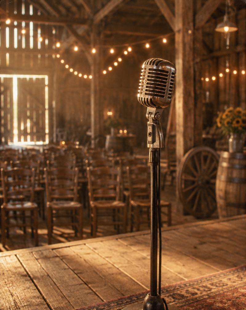 A vintage microphone on a stand in a timber barn before a show.